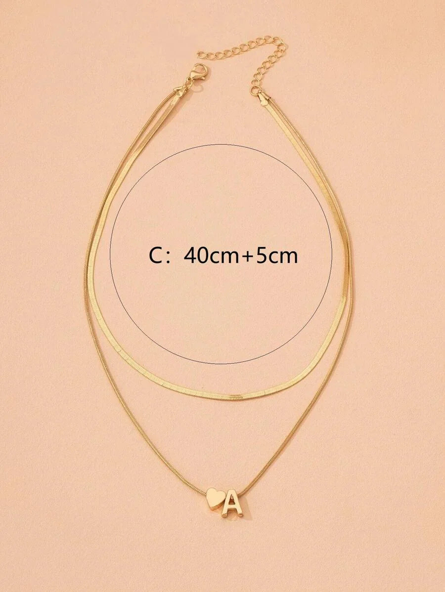 Colar Duplo Elegante – Corrente Lisa com Coração e Letra