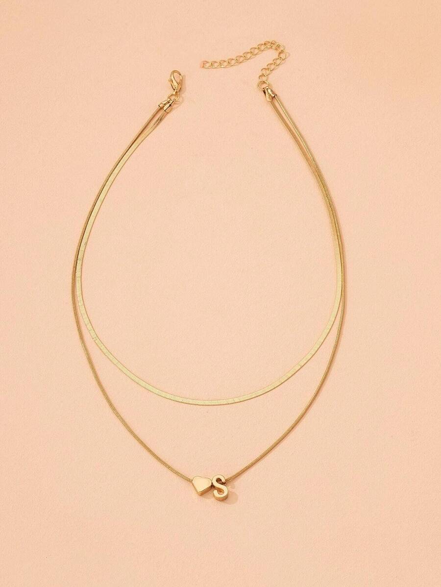 Colar Duplo Elegante – Corrente Lisa com Coração e Letra