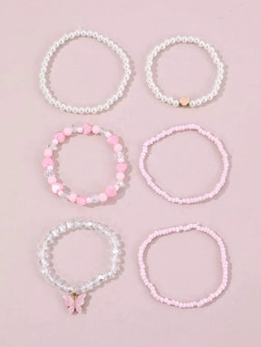 Kit 6 Pulseiras Femininas – Pérola, Contas, Coração e Borbo