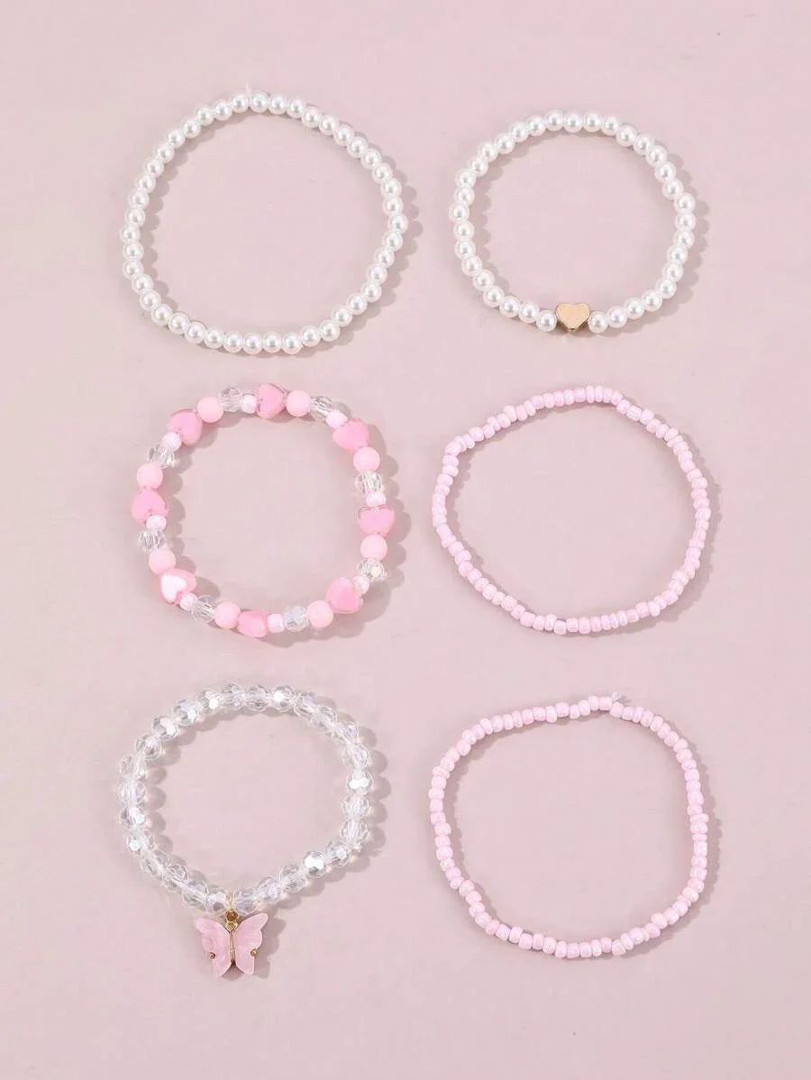 Kit 6 Pulseiras Femininas – Pérola, Contas, Coração e Borbo