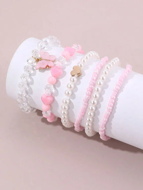 Kit 6 Pulseiras Femininas – Pérola, Contas, Coração e Borbo