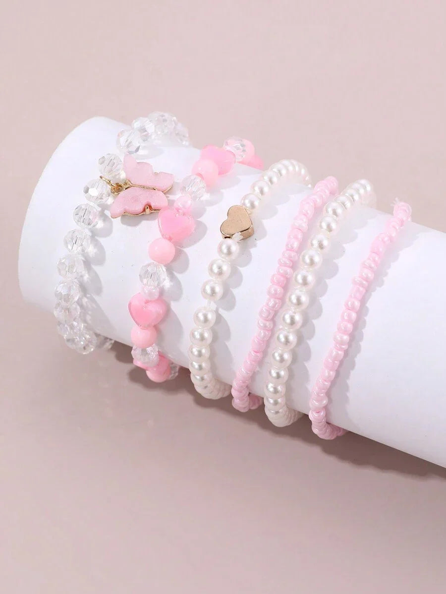 Kit 6 Pulseiras Femininas – Pérola, Contas, Coração e Borbo