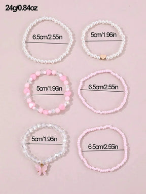 Kit 6 Pulseiras Femininas – Pérola, Contas, Coração e Borbo