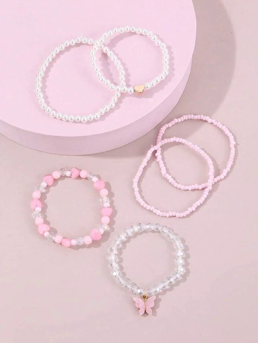 Kit 6 Pulseiras Femininas – Pérola, Contas, Coração e Borbo