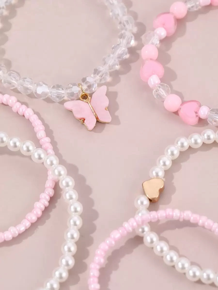 Kit 6 Pulseiras Femininas – Pérola, Contas, Coração e Borbo