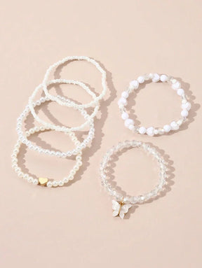 Kit 6 Pulseiras Femininas – Pérola, Contas, Coração e Borbo