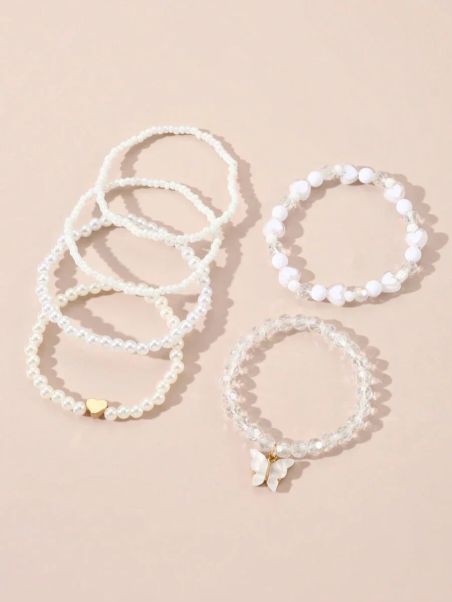 Kit 6 Pulseiras Femininas – Pérola, Contas, Coração e Borbo