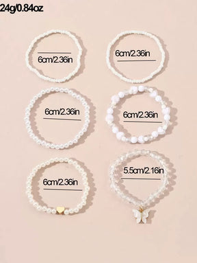 Kit 6 Pulseiras Femininas – Pérola, Contas, Coração e Borbo