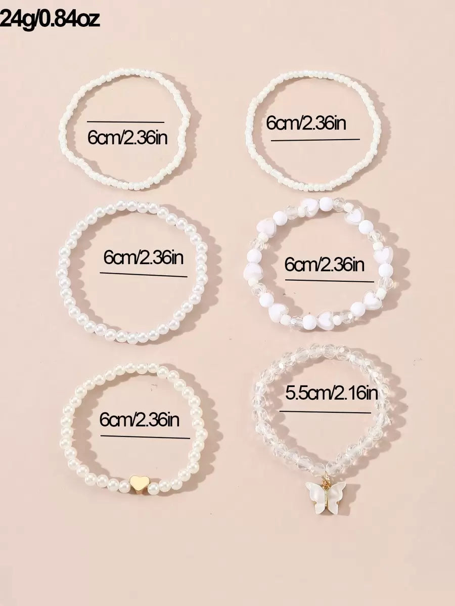 Kit 6 Pulseiras Femininas – Pérola, Contas, Coração e Borbo