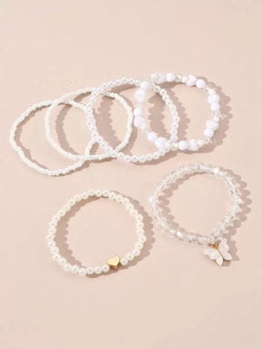 Kit 6 Pulseiras Femininas – Pérola, Contas, Coração e Borbo