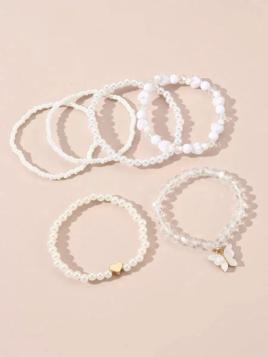 Kit 6 Pulseiras Femininas – Pérola, Contas, Coração e Borbo