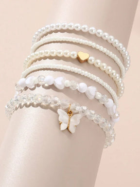 Kit 6 Pulseiras Femininas – Pérola, Contas, Coração e Borbo