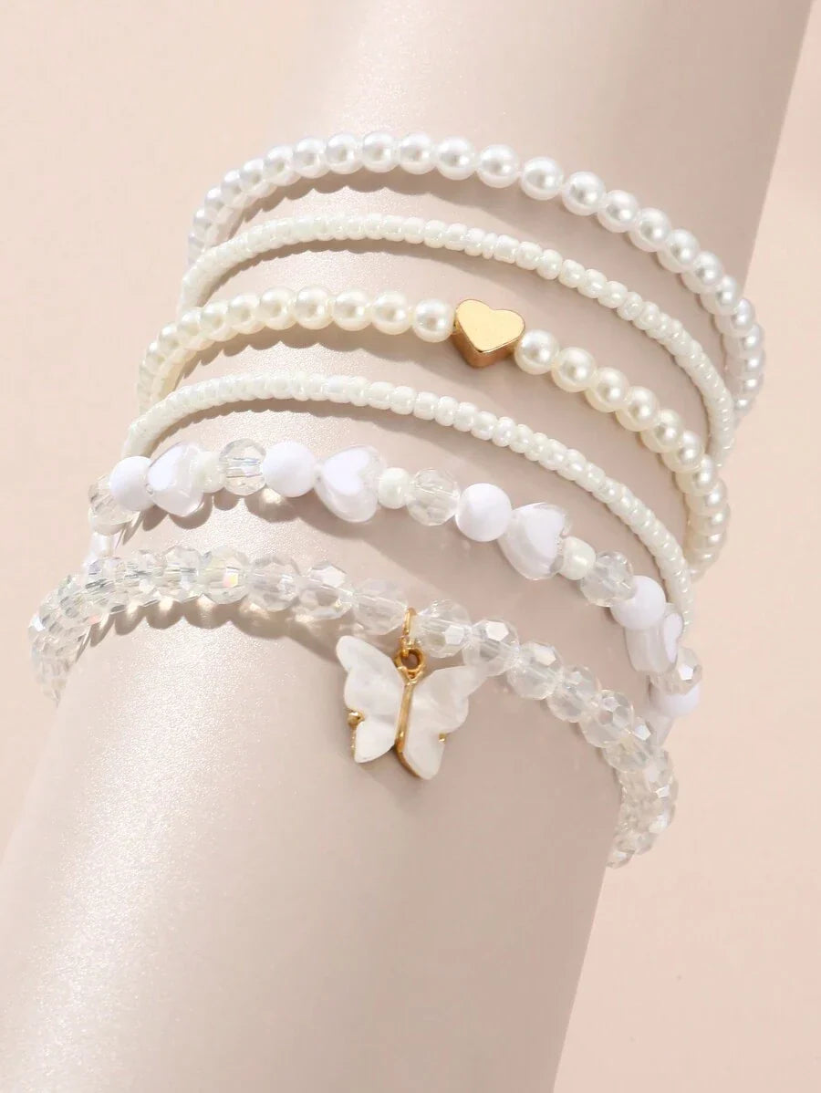 Kit 6 Pulseiras Femininas – Pérola, Contas, Coração e Borbo