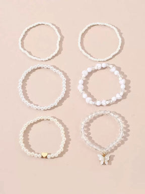 Kit 6 Pulseiras Femininas – Pérola, Contas, Coração e Borbo