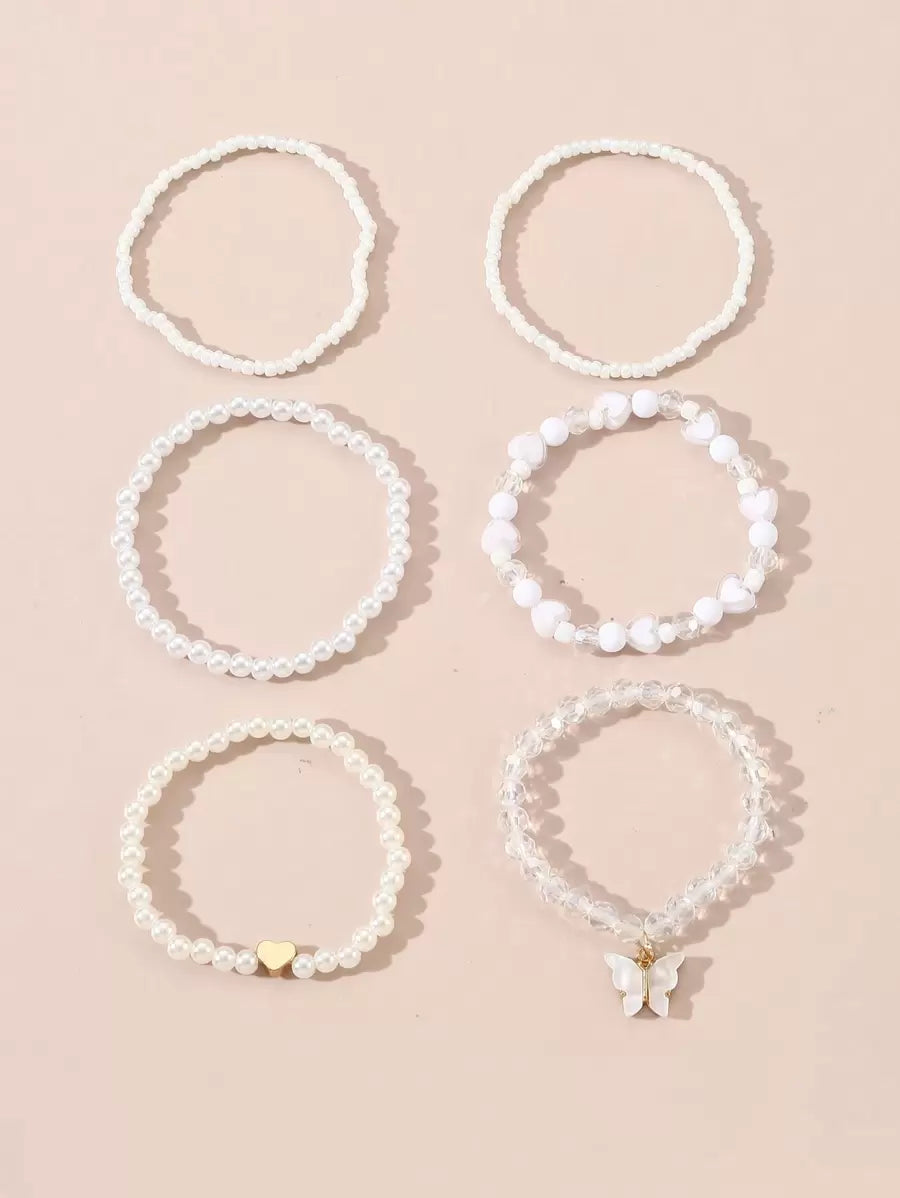 Kit 6 Pulseiras Femininas – Pérola, Contas, Coração e Borbo