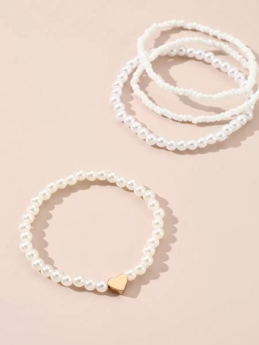 Kit 6 Pulseiras Femininas – Pérola, Contas, Coração e Borbo