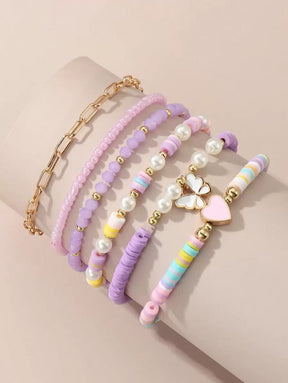 Kit 6 Pulseiras Femininas – Pérola, Contas, Coração e Borbo