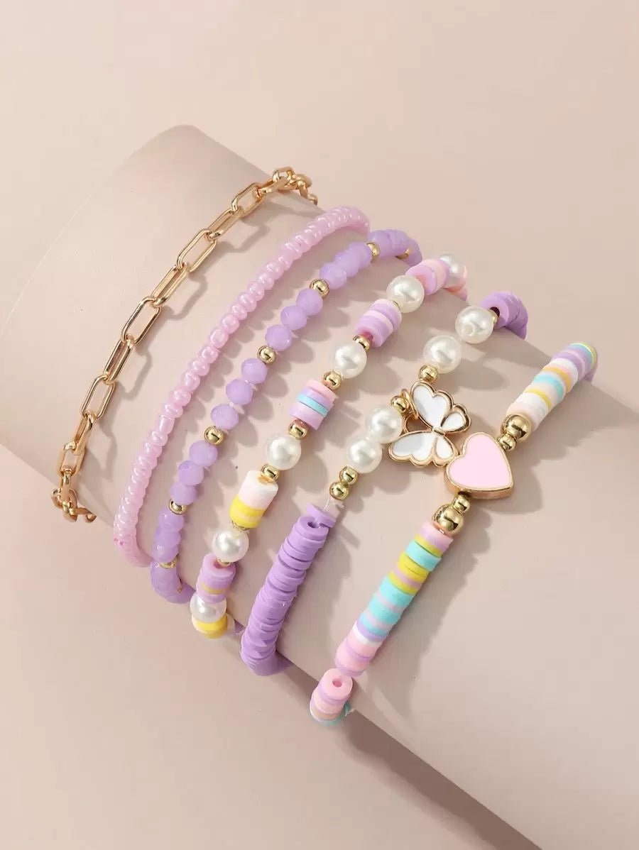 Kit 6 Pulseiras Femininas – Pérola, Contas, Coração e Borbo