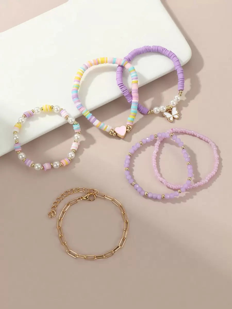 Kit 6 Pulseiras Femininas – Pérola, Contas, Coração e Borbo
