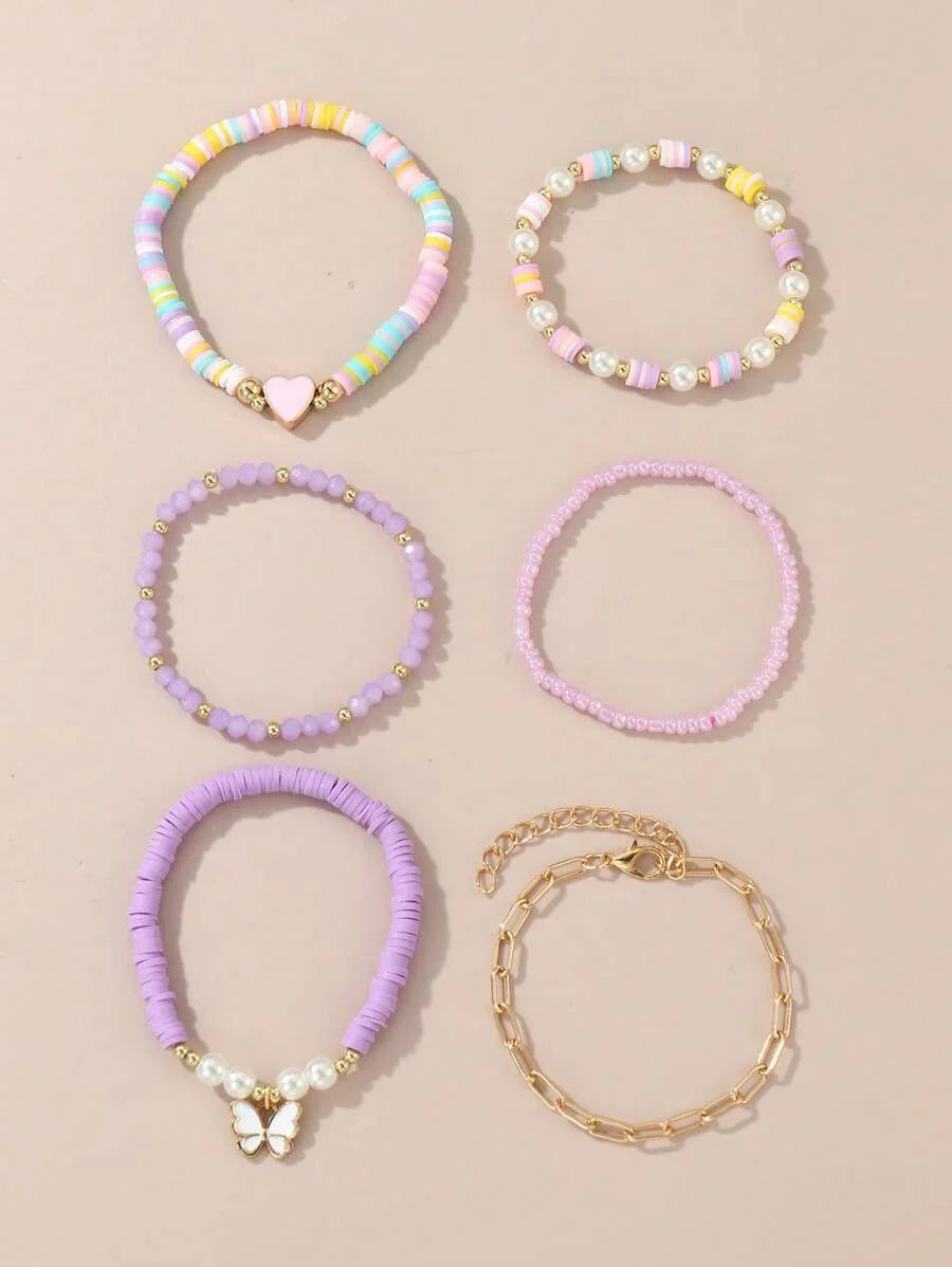 Kit 6 Pulseiras Femininas – Pérola, Contas, Coração e Borbo