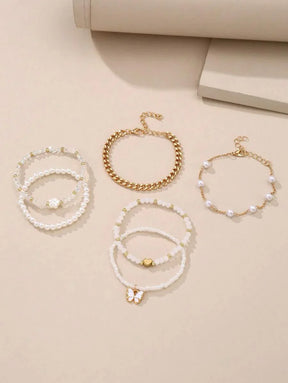 Kit 6 Pulseiras Femininas – Pérola, Contas, Coração e Borbo