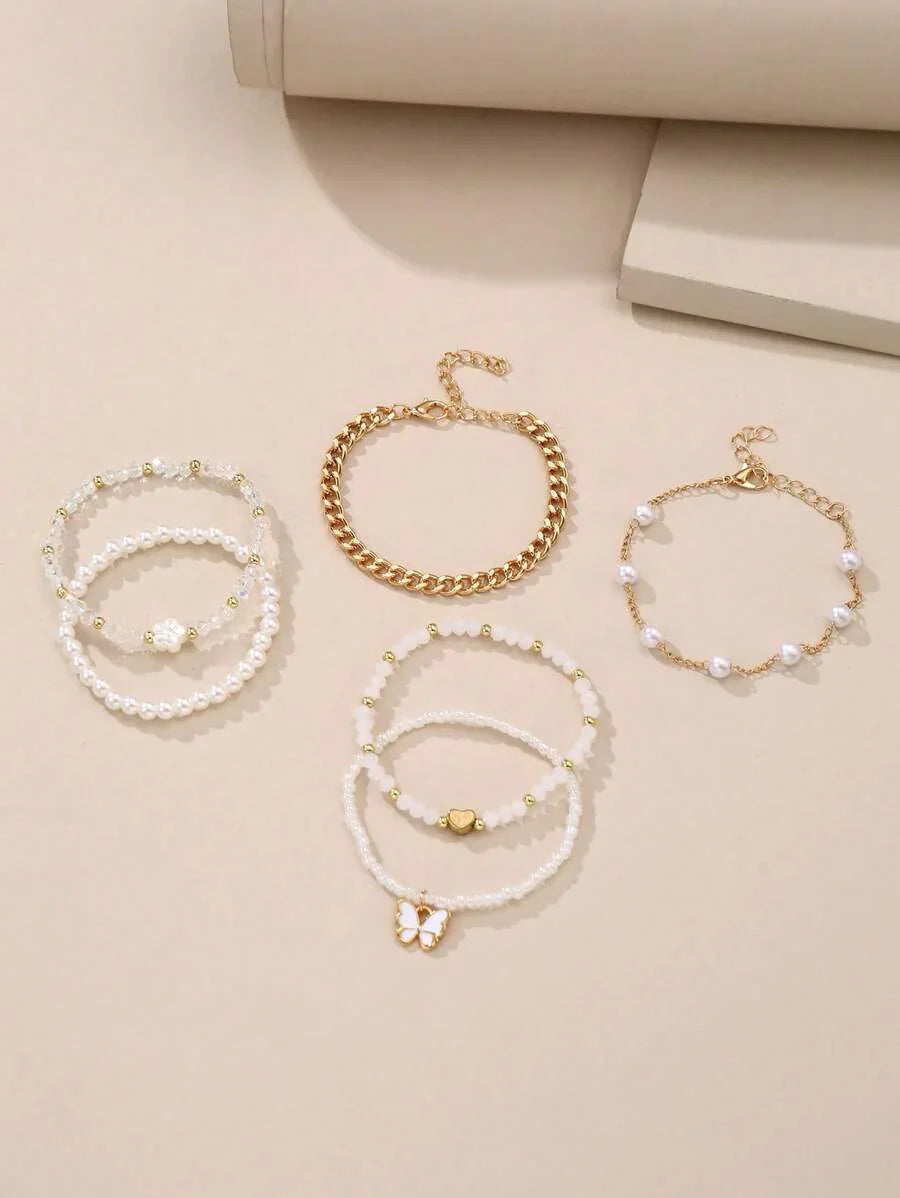 Kit 6 Pulseiras Femininas – Pérola, Contas, Coração e Borbo