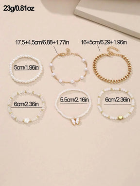 Kit 6 Pulseiras Femininas – Pérola, Contas, Coração e Borbo