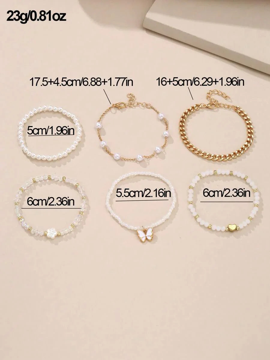 Kit 6 Pulseiras Femininas – Pérola, Contas, Coração e Borbo