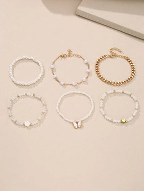 Kit 6 Pulseiras Femininas – Pérola, Contas, Coração e Borbo