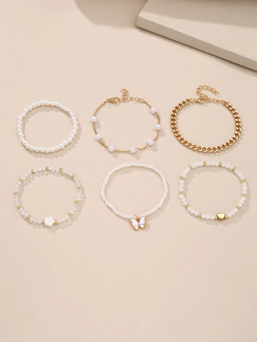 Kit 6 Pulseiras Femininas – Pérola, Contas, Coração e Borbo