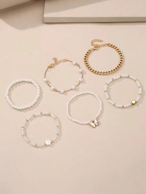 Kit 6 Pulseiras Femininas – Pérola, Contas, Coração e Borbo