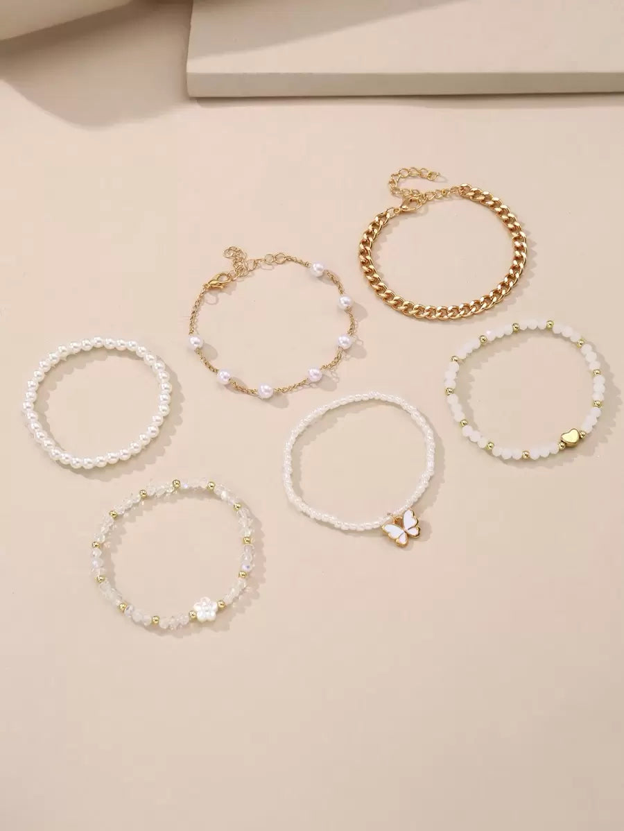 Kit 6 Pulseiras Femininas – Pérola, Contas, Coração e Borbo