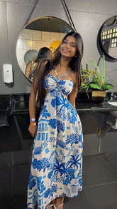 Vestido de Festa Evasê Azul Royal com Gola Halter - Comprimento Midi