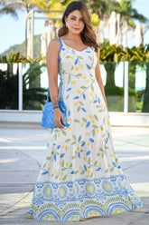 Vestido Marília - Estampa Limão Siciliano Off White com Alças Ajustáveis e Forro