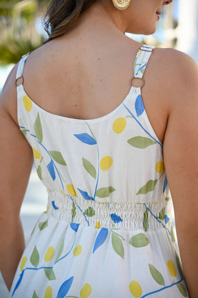 Vestido Marília - Estampa Limão Siciliano Off White com Alças Ajustáveis e Forro