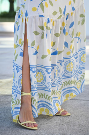 Vestido Marília - Estampa Limão Siciliano Off White com Alças Ajustáveis e Forro