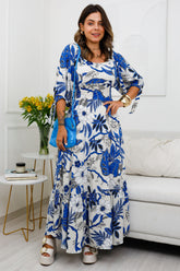 Vestido Letícia - Tecido Plano de Viscose com Forro - Estampa Azul e Branco