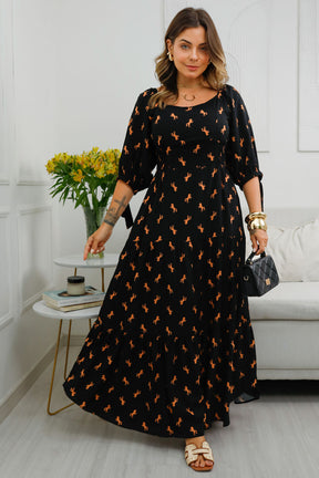 Vestido Letícia - Tecido Plano de Viscose com Forro - Estampa Azul e Branco