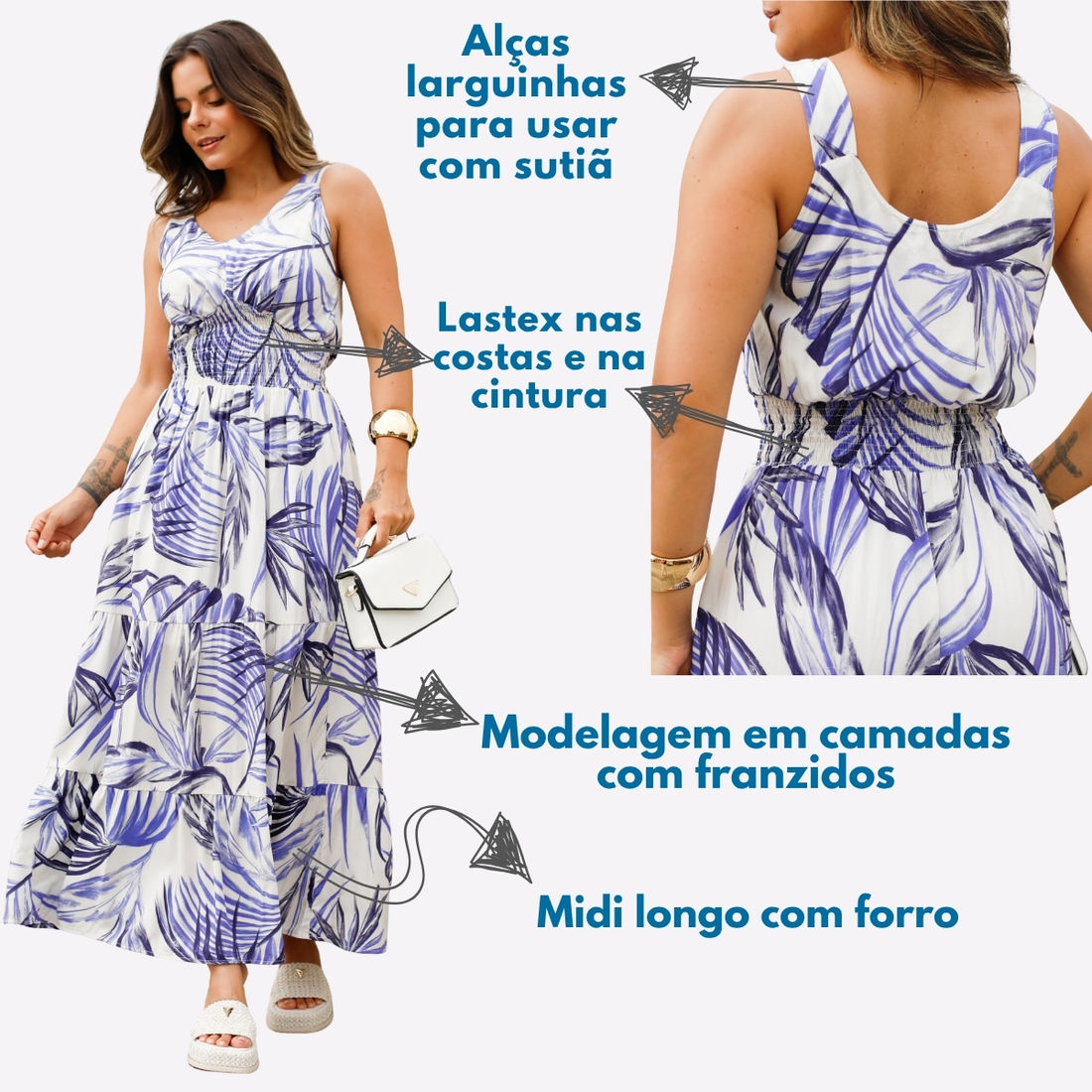 Vestido Lisiana em Tecido Plano de Viscose com Forro - Estampa Azul e Off white
