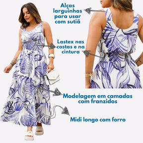 Vestido Lisiana em Tecido Plano de Viscose com Forro - Estampa Azul e Off white