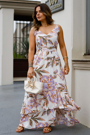 Vestido Maria Flor - Tecido Plano de Viscose Sarjada - Estampa Floral Artístico Fundo Off White