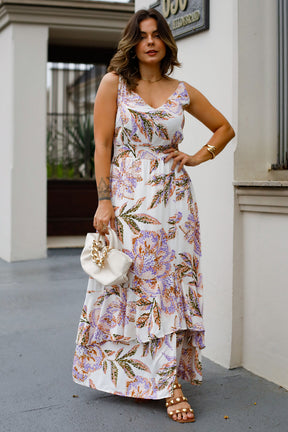 Vestido Maria Flor - Tecido Plano de Viscose Sarjada - Estampa Floral Artístico Fundo Off White