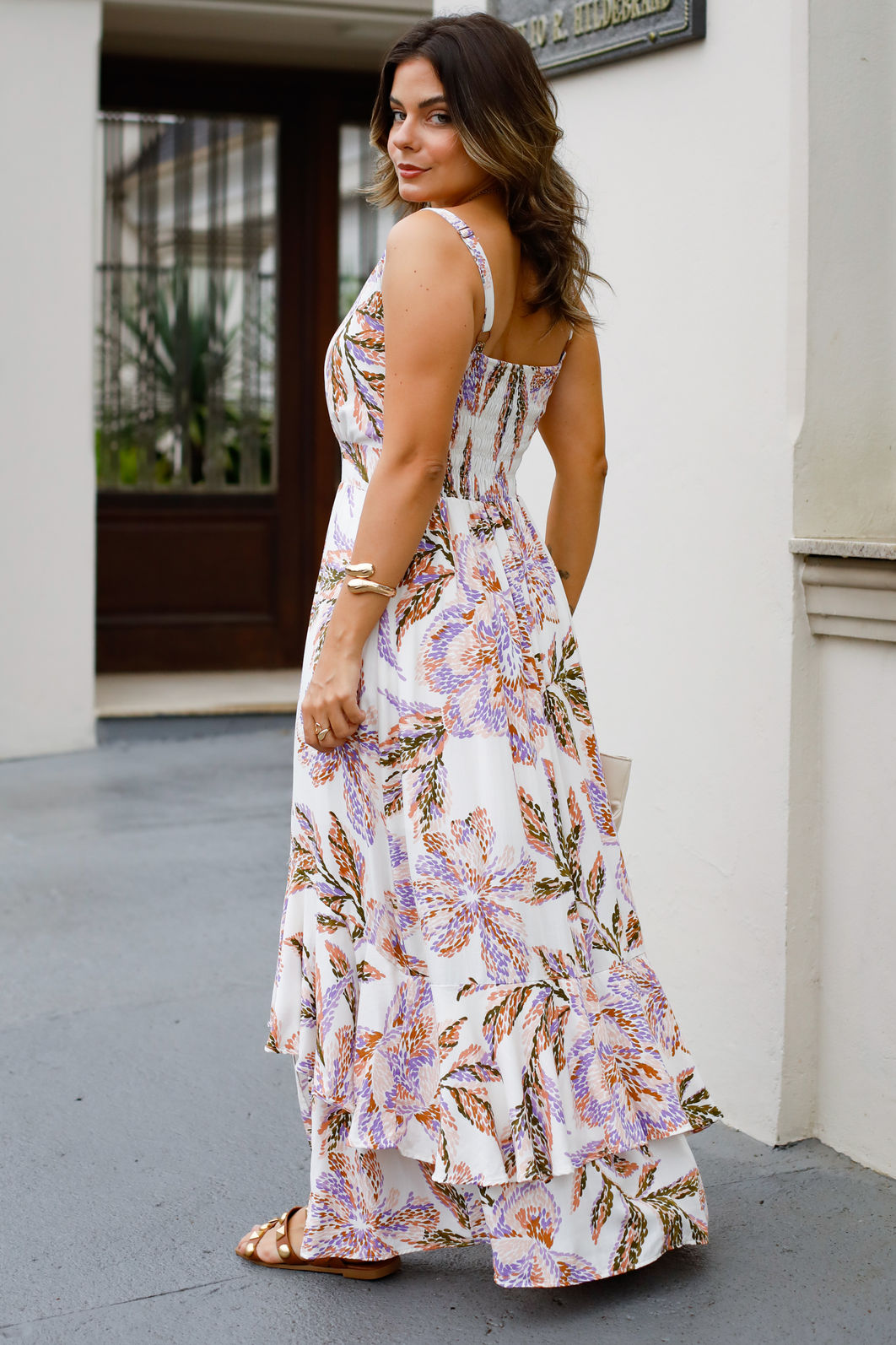 Vestido Maria Flor - Tecido Plano de Viscose Sarjada - Estampa Floral Artístico Fundo Off White