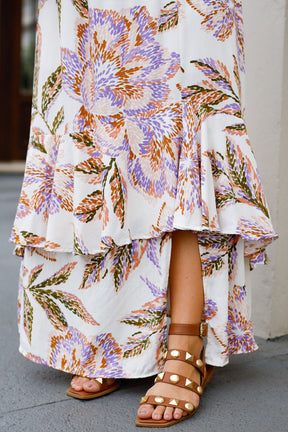 Vestido Maria Flor - Tecido Plano de Viscose Sarjada - Estampa Floral Artístico Fundo Off White