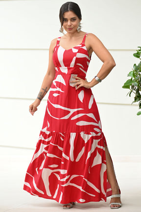 Vestido Marilia em Tecido Plano de Viscose - Vermelho e Off White