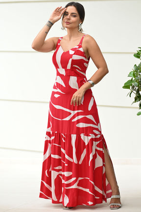 Vestido Marilia em Tecido Plano de Viscose - Vermelho e Off White