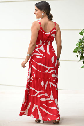 Vestido Marilia em Tecido Plano de Viscose - Vermelho e Off White