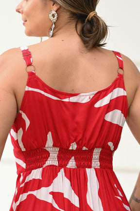 Vestido Marilia em Tecido Plano de Viscose - Vermelho e Off White